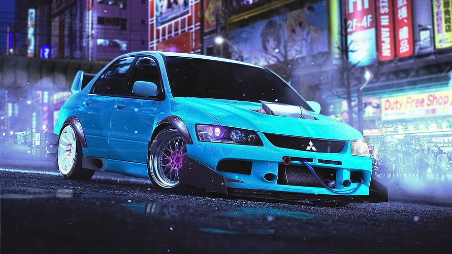 Mitsubishi Lancer Evolution 9 Widebody Stance in Neon Tokyo Night Street HD wallpaper