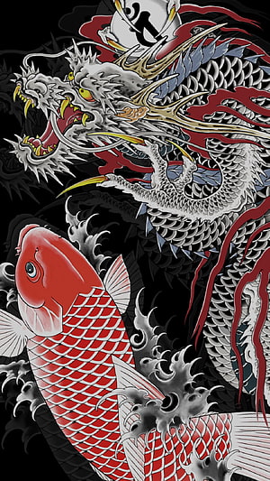 Traditional Japanese Dragon and Koi Fish Tattoo Artwork with Waves HD phone wallpaper