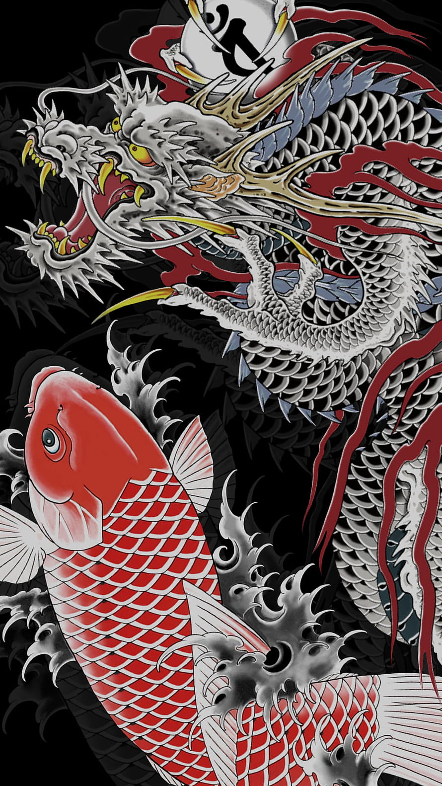 Traditional Japanese Dragon and Koi Fish Tattoo Artwork with Waves HD phone wallpaper