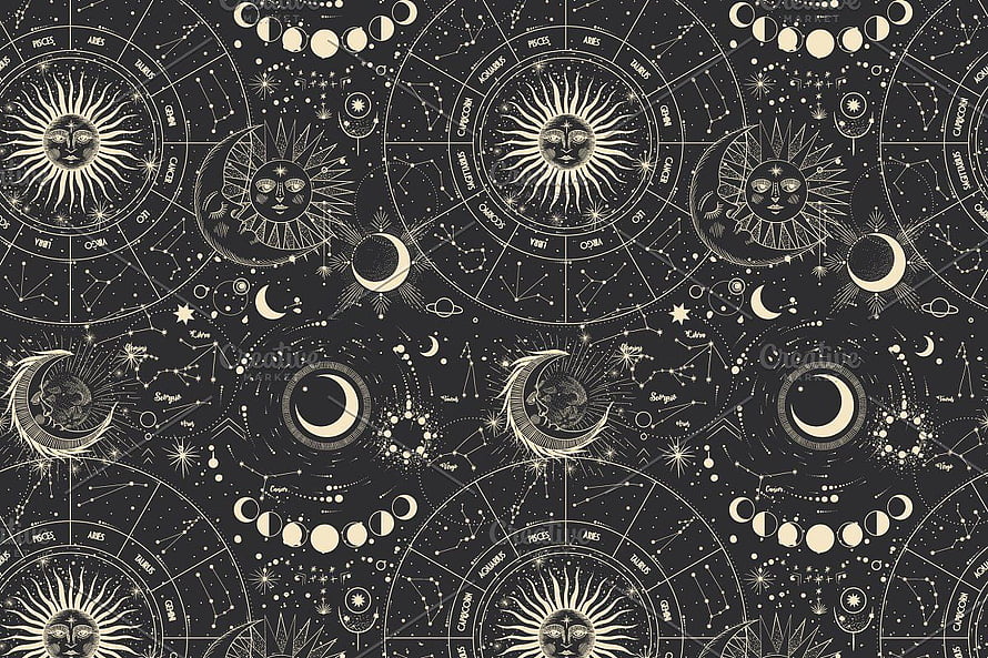 Vintage Celestial Zodiac Seamless Pattern With Sun Moon And Constellations HD wallpaper