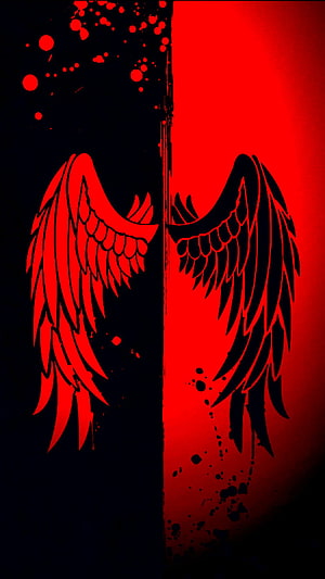 Red and Black Split Background with Stylized Angel Wings and Grunge Splatter Effects HD phone wallpaper