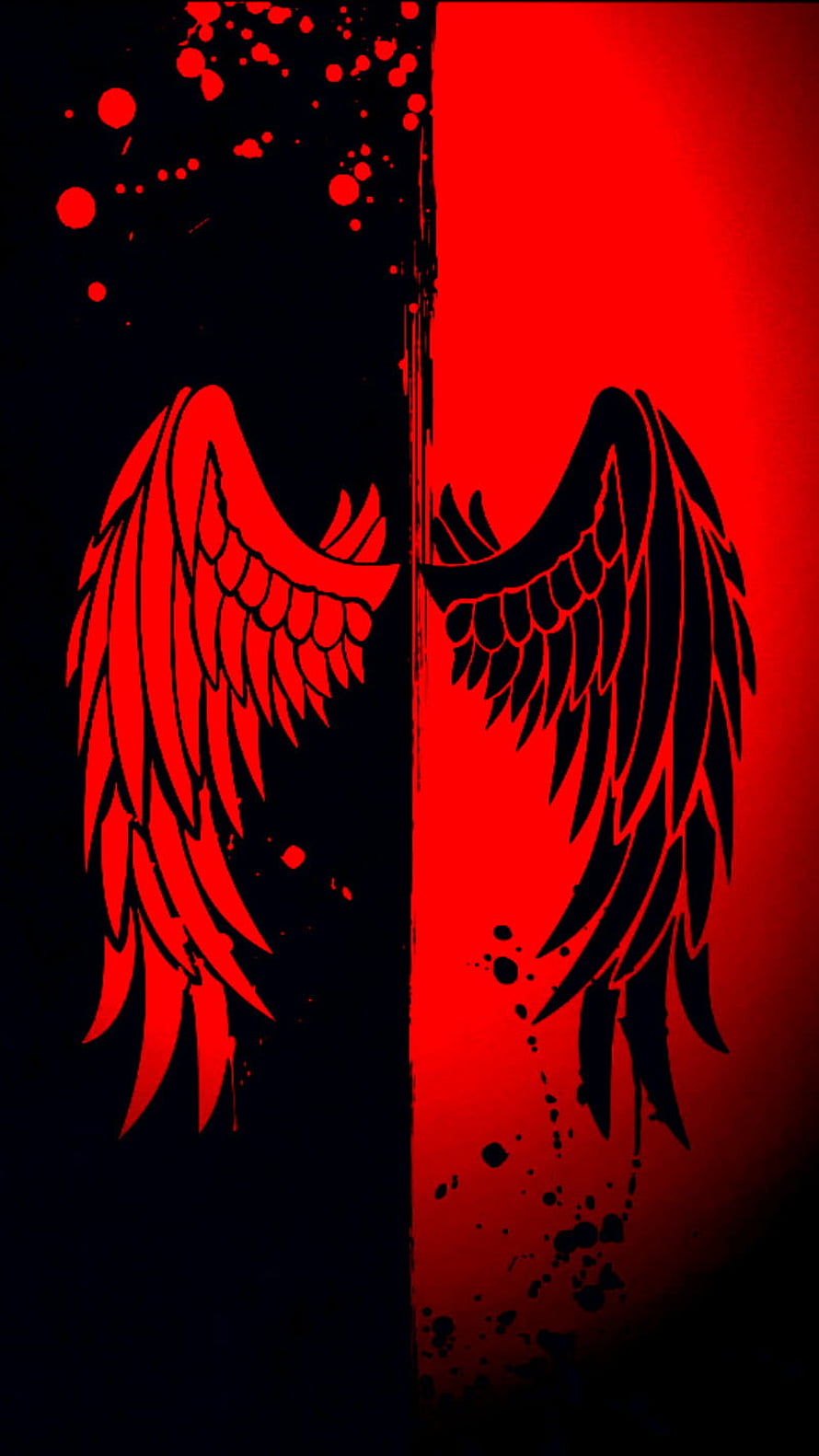 Red and Black Split Background with Stylized Angel Wings and Grunge Splatter Effects HD phone wallpaper