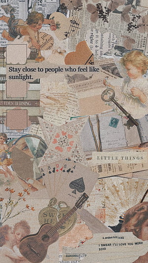 Vintage Scrapbook Collage with Cherubs, Guitar, and Old Letters HD phone wallpaper