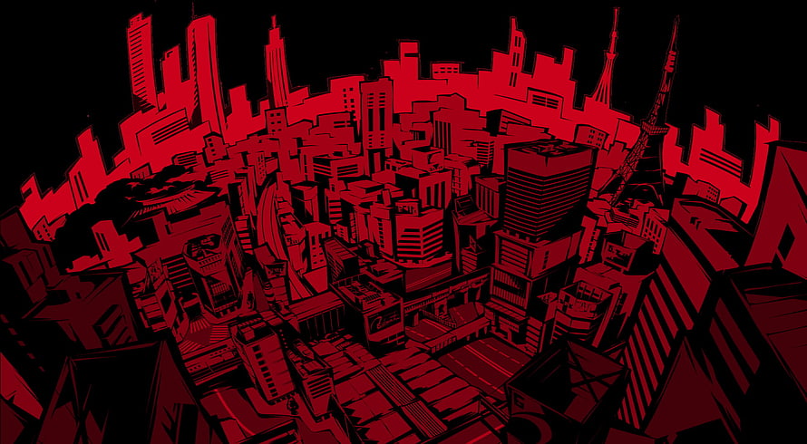 Red and Black Stylized Tokyo Cityscape with Tokyo Tower Silhouette HD wallpaper