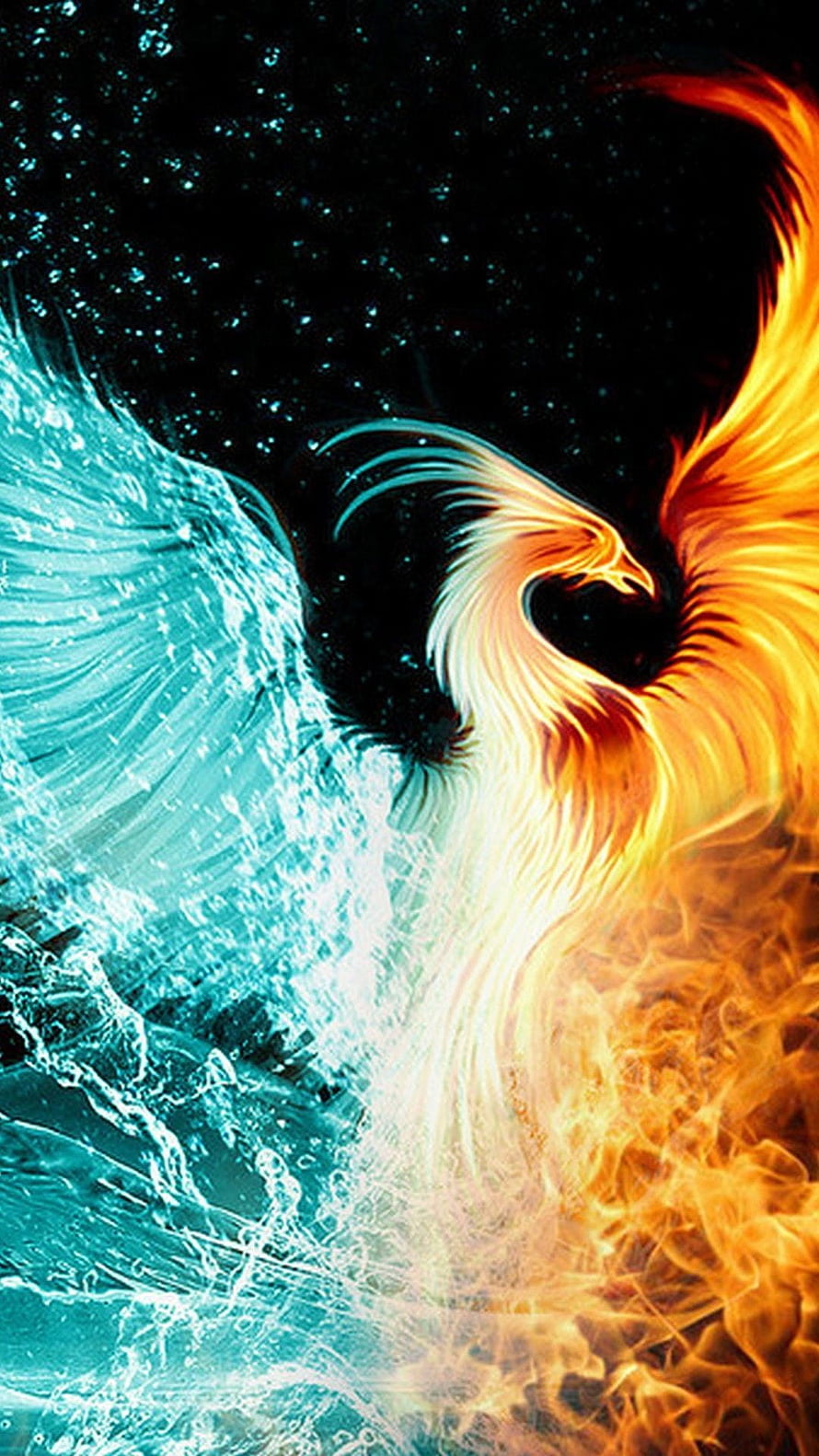 Mystical Phoenix Rising from Fire and Water Elements in Digital Art HD phone wallpaper