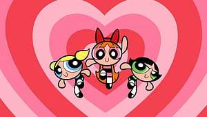 Powerpuff Girls Flying Through Layered Pink Hearts HD wallpaper