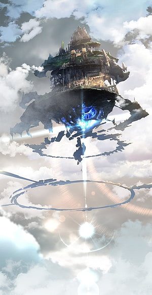 Floating Sky Castle with Glowing Blue Core and Ring Structure in Clouds HD phone wallpaper