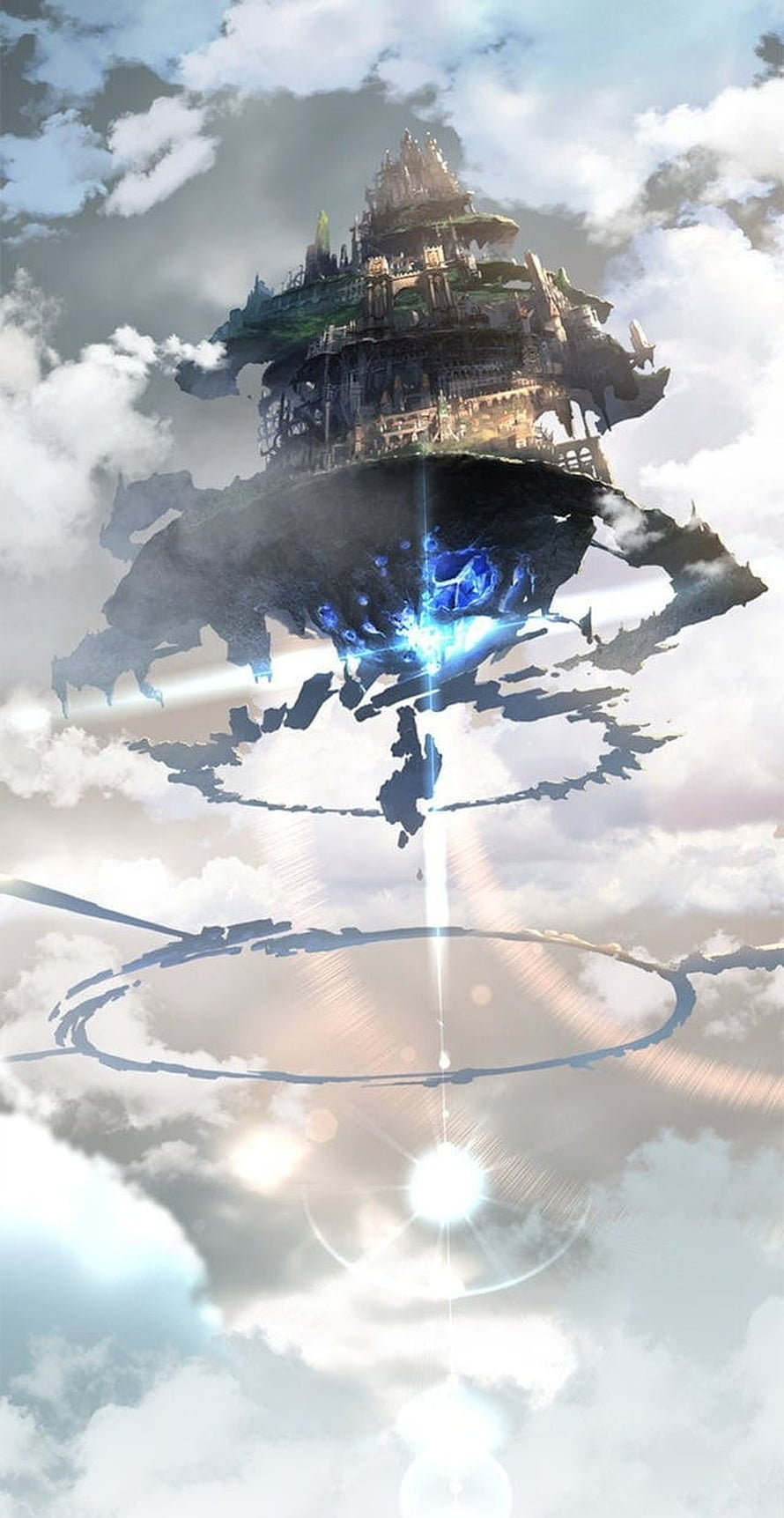 Floating Sky Castle with Glowing Blue Core and Ring Structure in Clouds HD phone wallpaper