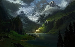 Majestic Mountain Valley Landscape with Lake and Clouds HD wallpaper