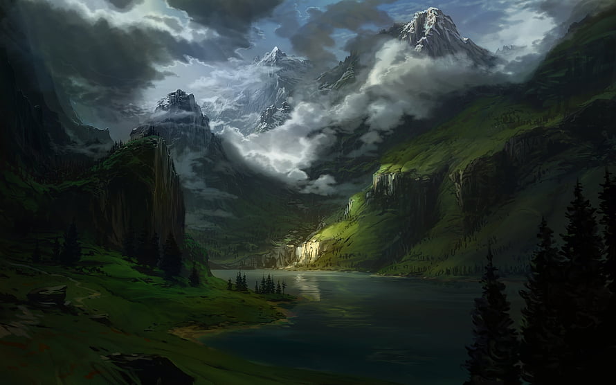 Majestic Mountain Valley Landscape with Lake and Clouds HD wallpaper