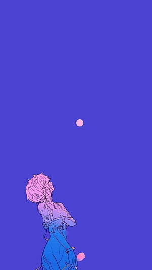 Anime Girl Gazing at Pink Moon in Deep Blue Night Sky HD phone wallpaper