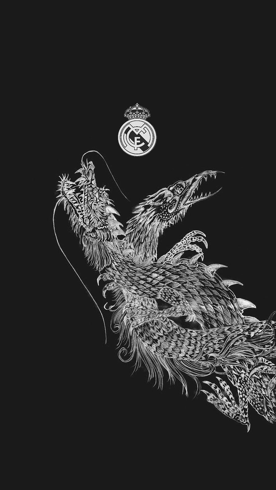 Real Madrid Monochrome Dragon Illustration on Black Background HD phone wallpaper