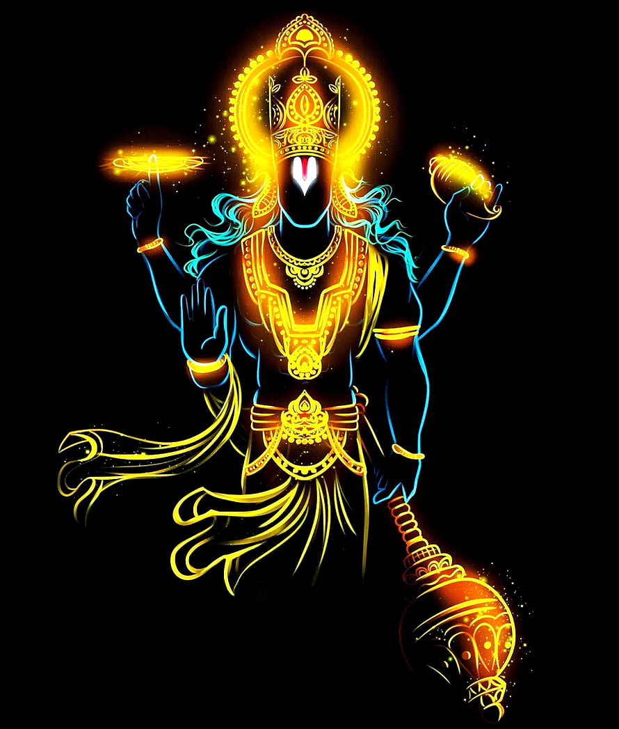 Neon Glowing Lord Krishna Digital Art with Sudarshan Chakra and Mace HD phone wallpaper