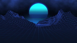 Retro 80s Synthwave Landscape with Neon Grid Mountains and Striped Sun HD wallpaper