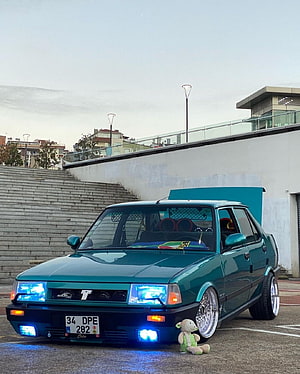 Teal Modified Peugeot 309 GTI with Blue Underglow and Stance Setup HD phone wallpaper