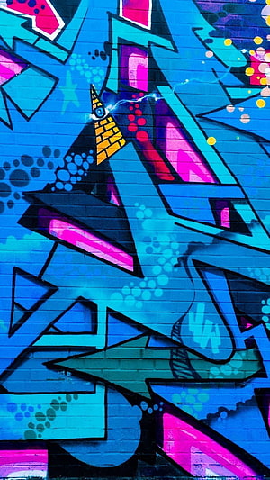 Vibrant Blue and Pink Abstract Graffiti Art on Brick Wall HD phone wallpaper
