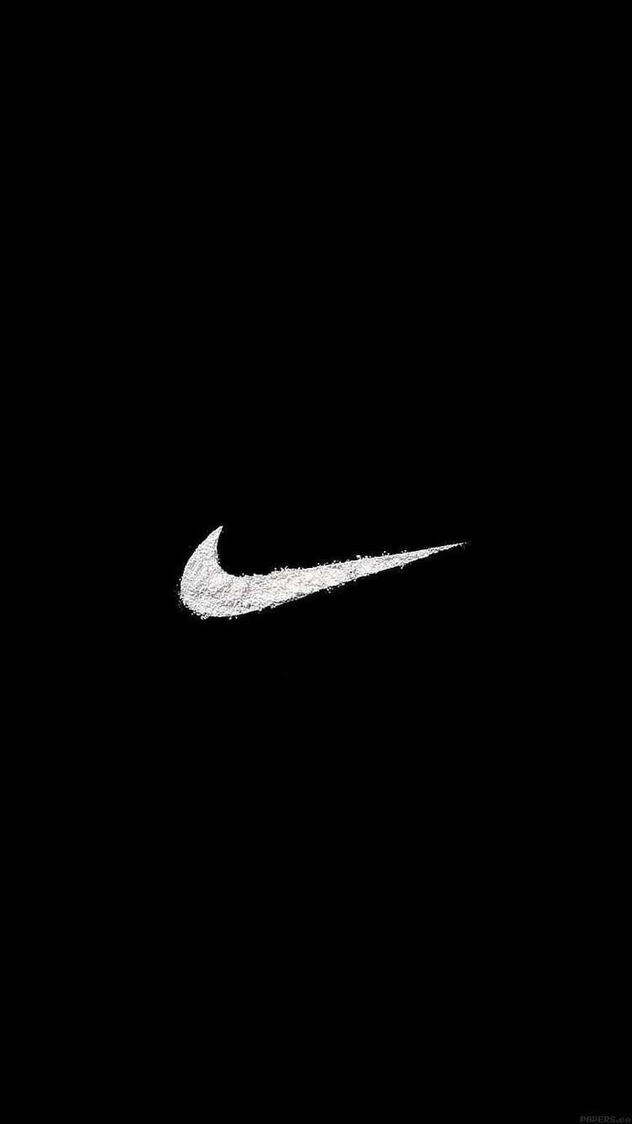Nike Swoosh Logo in White Chalk Texture on Black Background Minimalist Art HD phone wallpaper