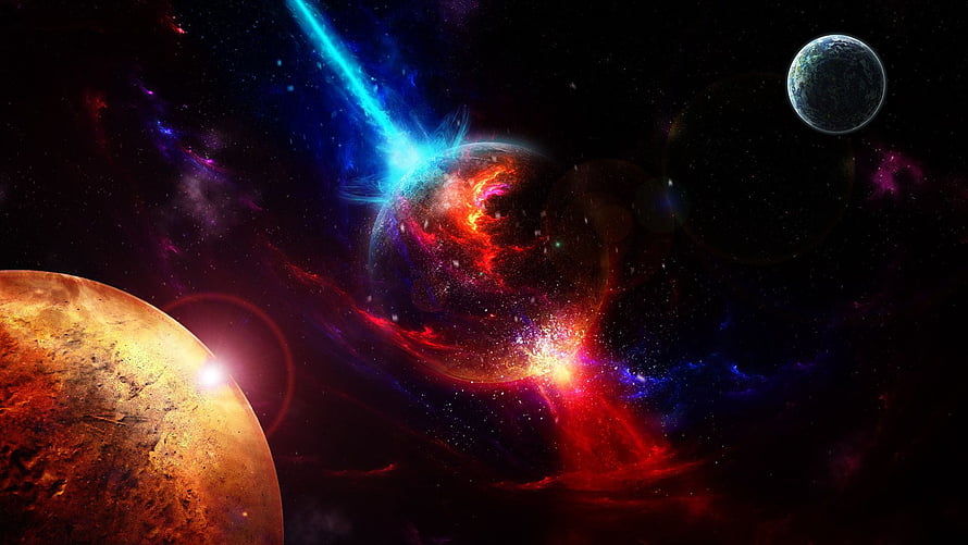 Vibrant Cosmic Space Scene With Glowing Planets And Colorful Nebula Clouds HD wallpaper