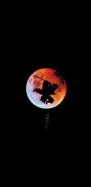 Demon Slayer silhouette warrior leaping against a fiery red moon on a black background HD phone wallpaper