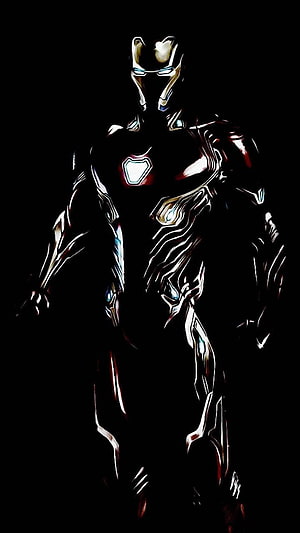 Iron Man Dark Armor Silhouette with Glowing Arc Reactor and Eyes on Black Background, Iron Man, Iron Man Dark HD phone wallpaper