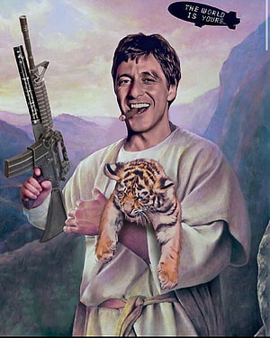 Tony Montana in White Robe Holding Tiger Cub and Rifle with Speech Bubble HD phone wallpaper