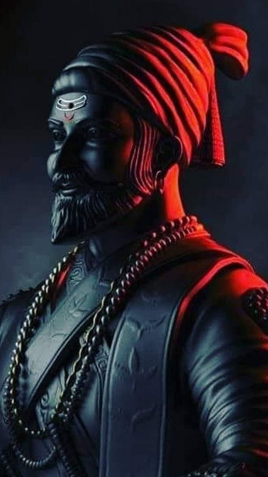 Shivaji Maharaj Sculpture Portrait with Turban and Beaded Necklace in Dramatic Red Lighting HD phone wallpaper