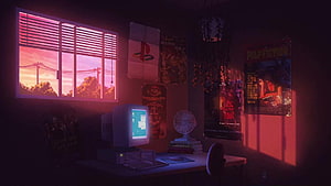 Vaporwave Bedroom Interior with Retro Computer and Sunset Window View HD wallpaper