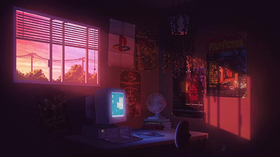 Vaporwave Bedroom Interior with Retro Computer and Sunset Window View HD wallpaper