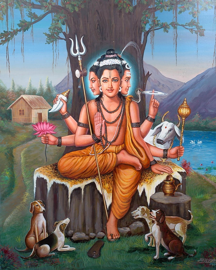 Dattatreya Deity Painting with Trishul, Conch, Lotus, and Dogs in a Forest Setting HD phone wallpaper
