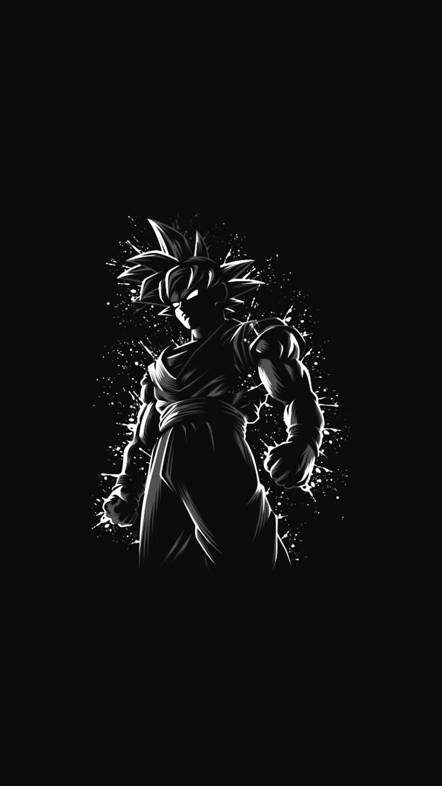 Goku Black and White Silhouette with Ink Splatter Effect on Dark Background HD phone wallpaper