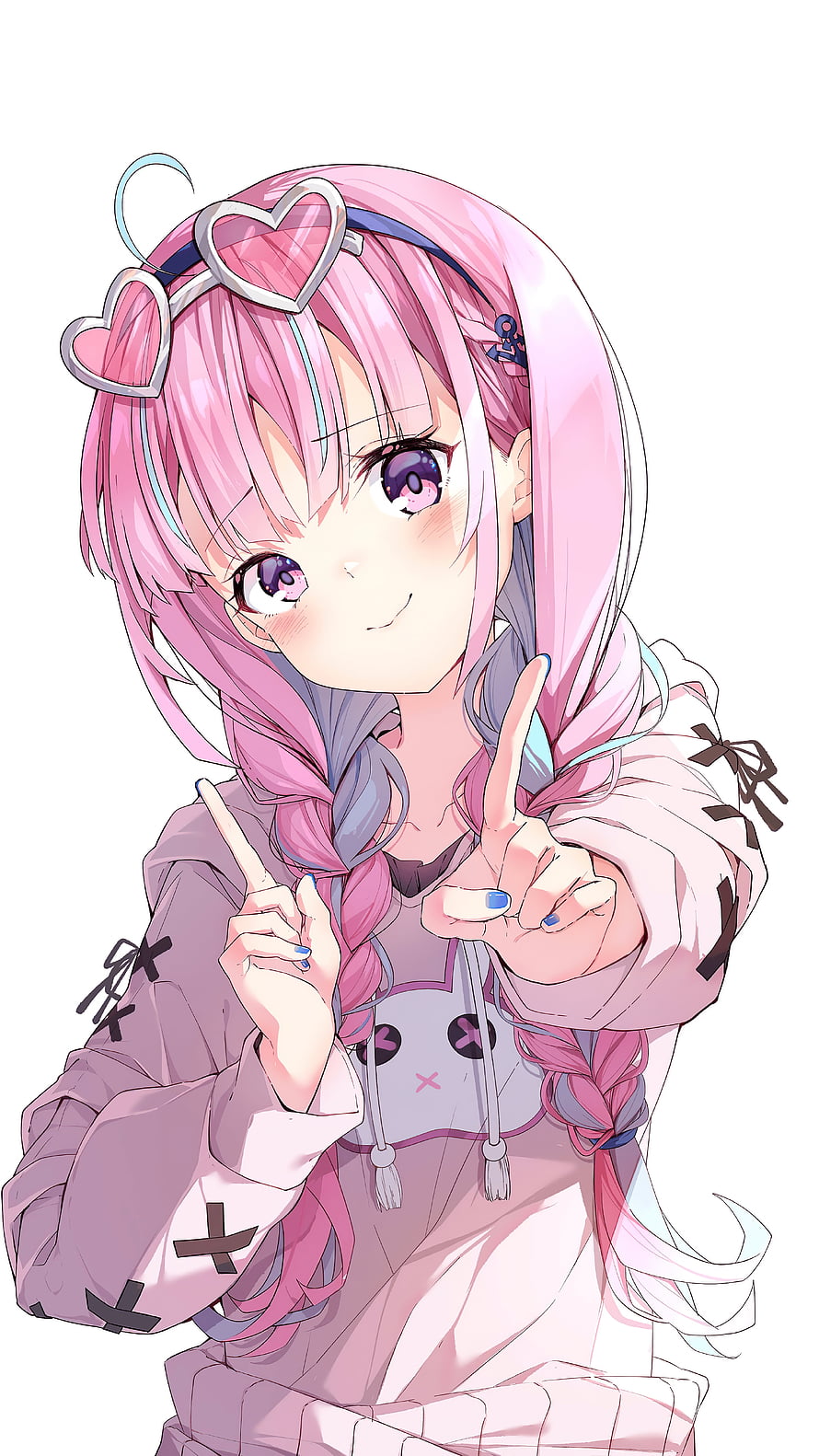 Minato Aqua from Hololive in a pink hoodie with heart-shaped sunglasses and braided hair HD phone wallpaper