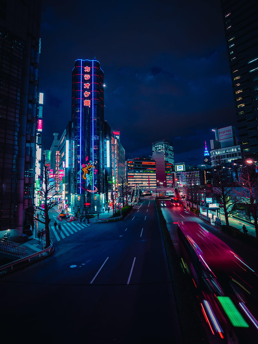 Tokyo Shinjuku Night Street With Neon Signs And Long Exposure Traffic Light Trails HD phone wallpaper