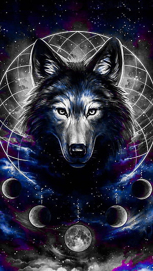 Cosmic Wolf Portrait with Moon Phases and Geometric Halo in Deep Space HD phone wallpaper