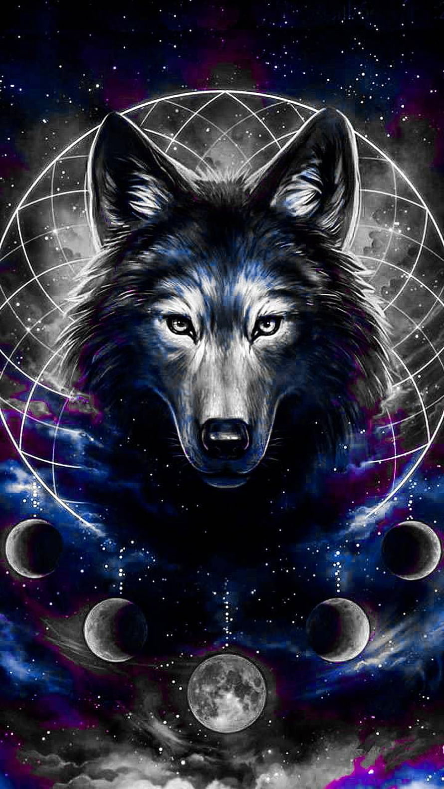 Cosmic Wolf Portrait with Moon Phases and Geometric Halo in Deep Space HD phone wallpaper