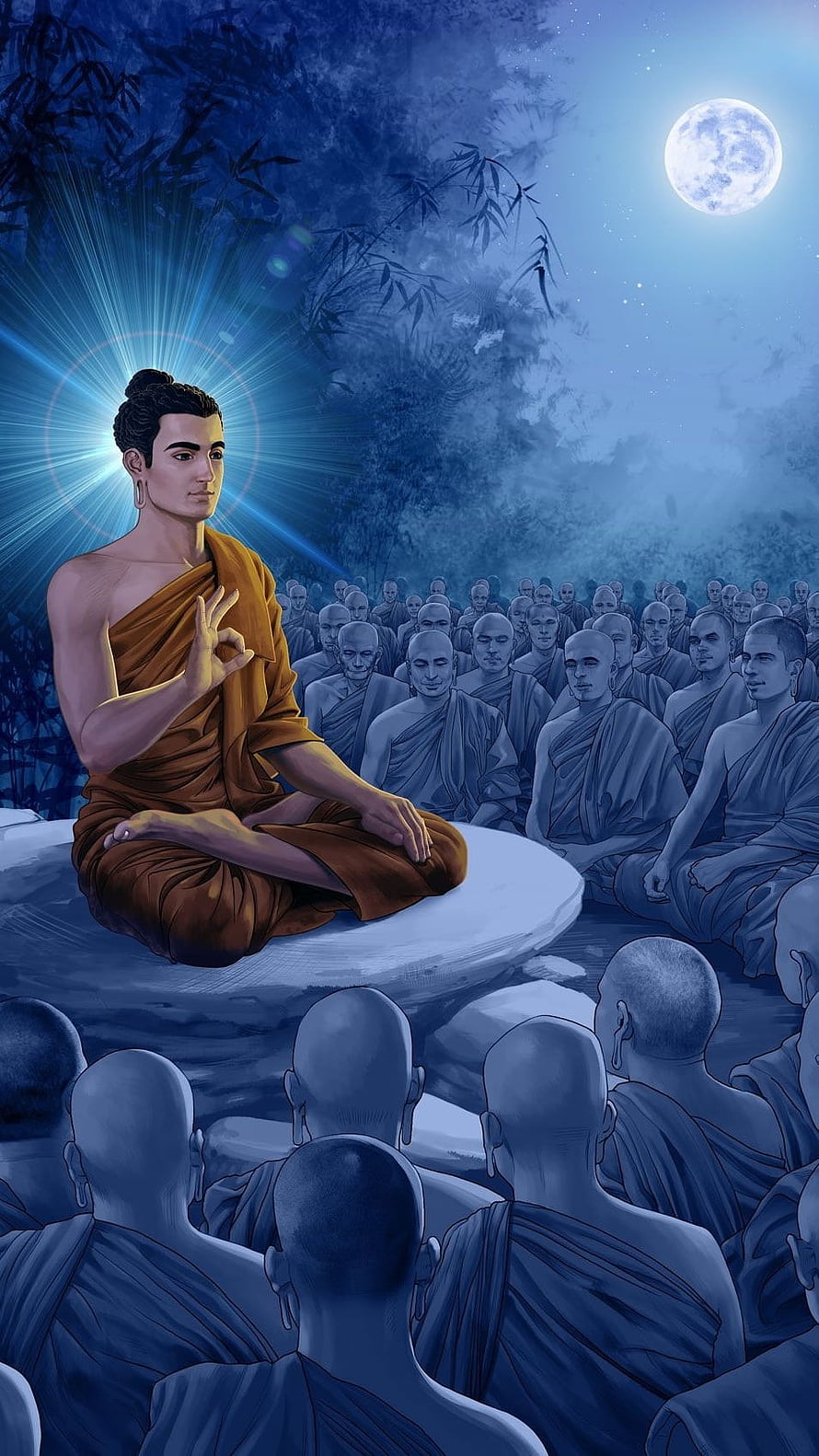 Buddha Teaching Disciples Under Moonlight Digital Art Wallpaper HD phone wallpaper