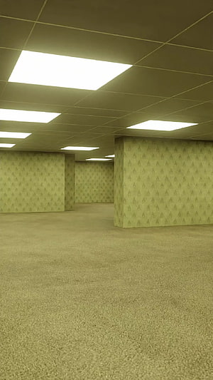 Backrooms Level 0 Empty Office Room with Fluorescent Ceiling Lights and Patterned Wallpaper HD phone wallpaper