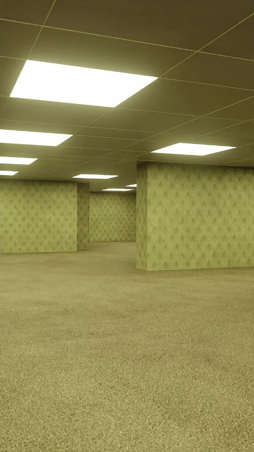 Backrooms Level 0 Empty Office Room with Fluorescent Ceiling Lights and Patterned Wallpaper HD phone wallpaper