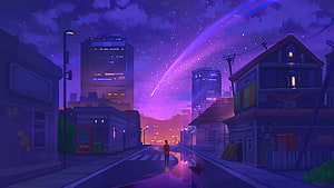 Lone Figure Watching Purple Meteor Shower Over Neon City Street HD wallpaper