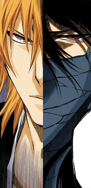 Bleach Anime Split Portrait of Ichigo Kurosaki and Dark Alter Ego HD phone wallpaper