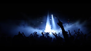 Silhouetted Crowd at a Rave with Blue Stage Lights and Fog HD wallpaper