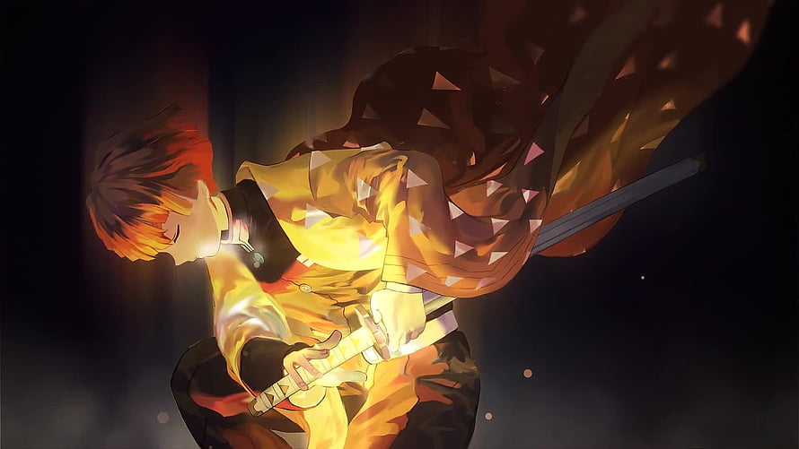 Rengoku Kyojuro from Demon Slayer wielding a glowing sword in a dynamic anime battle pose HD wallpaper