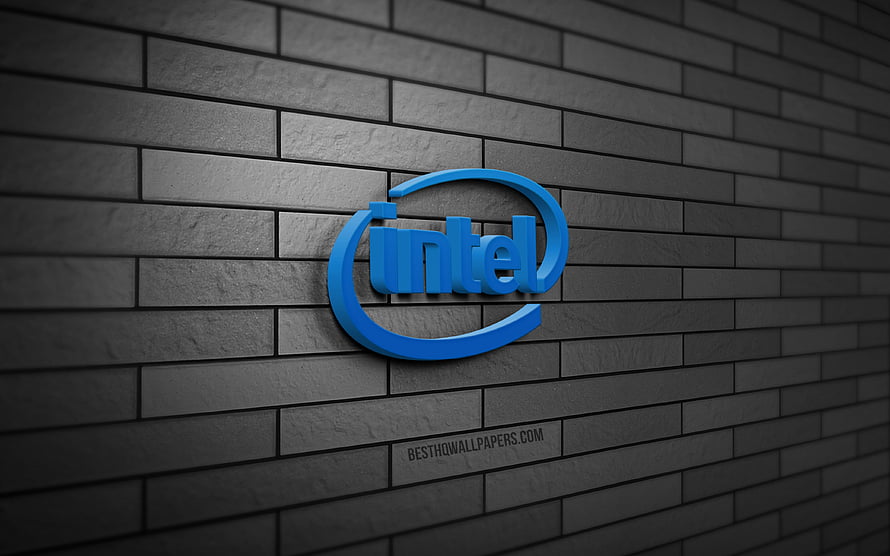 Intel 3D Logo on Gray Brick Wall Background HD wallpaper