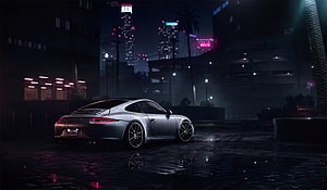 Silver Porsche 911 in Neon-Lit Rainy City Night Scene HD wallpaper