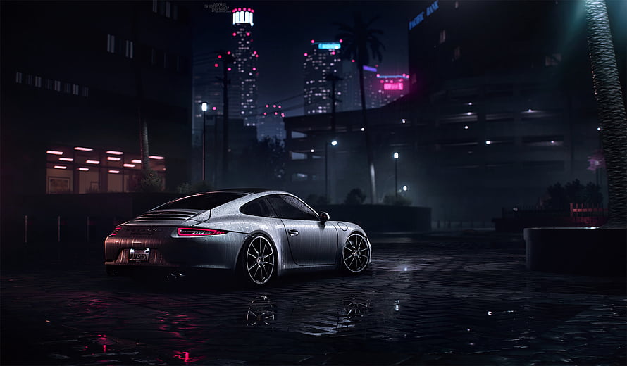 Silver Porsche 911 in Neon-Lit Rainy City Night Scene HD wallpaper