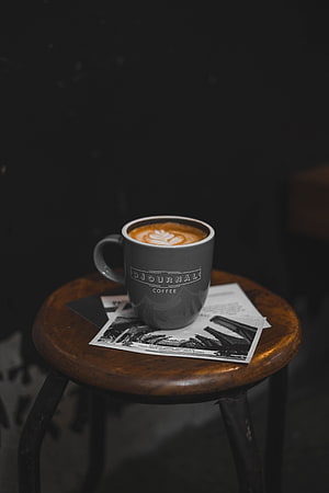 Latte Art in Grey Ceramic Mug on Rustic Wooden Stool with Dark Moody Background HD phone wallpaper