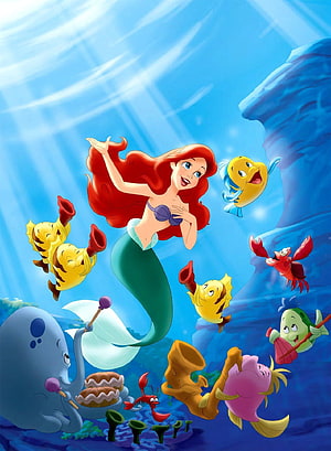 Ariel the Little Mermaid Singing Underwater with Flounder, Sebastian, and the Sea Chorus HD phone wallpaper