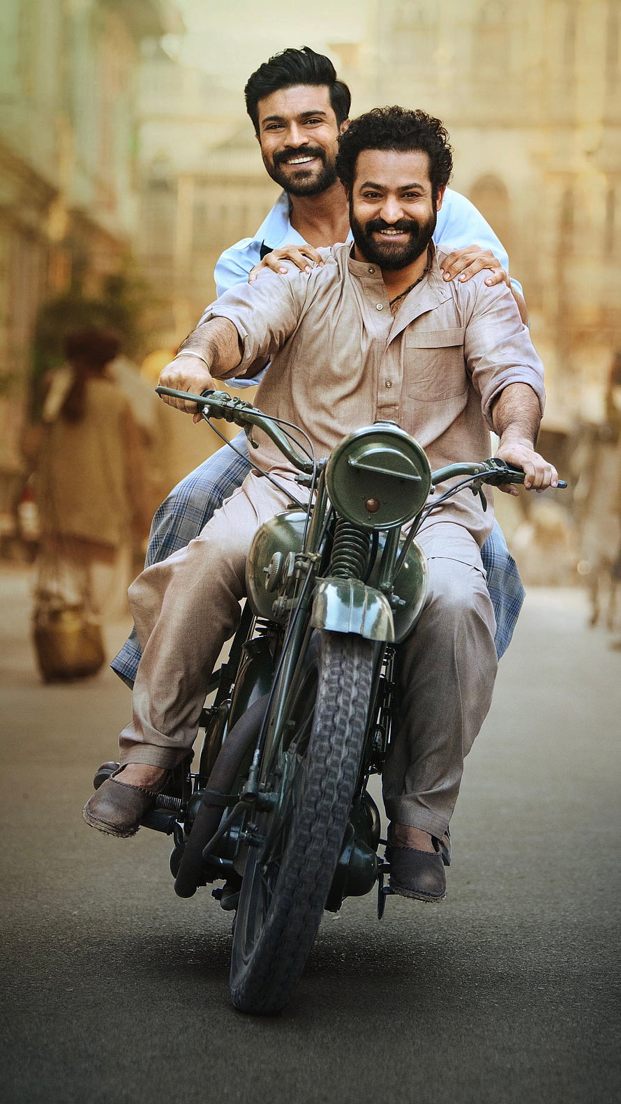 Dhanush and Dileep in a Vintage Motorcycle Scene from the Movie Maari 2 HD phone wallpaper