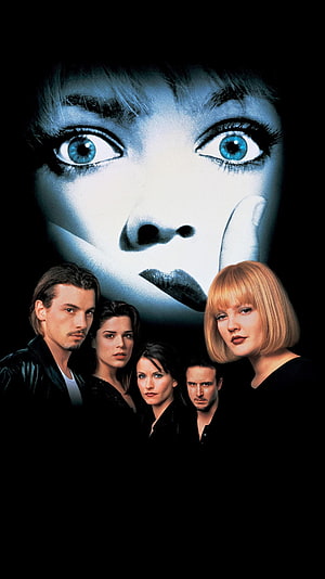 Scream 1996 Movie Poster Featuring Ghostface Mask and Main Cast Ensemble HD phone wallpaper