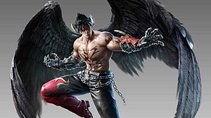 Jin Kazama from Tekken 8 with black wings and demonic claws in a dynamic fighting stance HD wallpaper