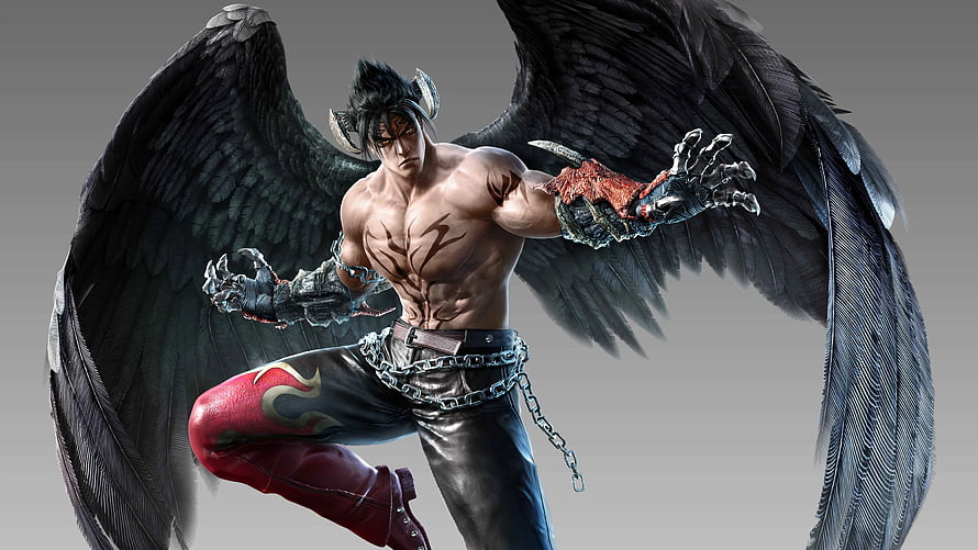 Jin Kazama from Tekken 8 with black wings and demonic claws in a dynamic fighting stance HD wallpaper